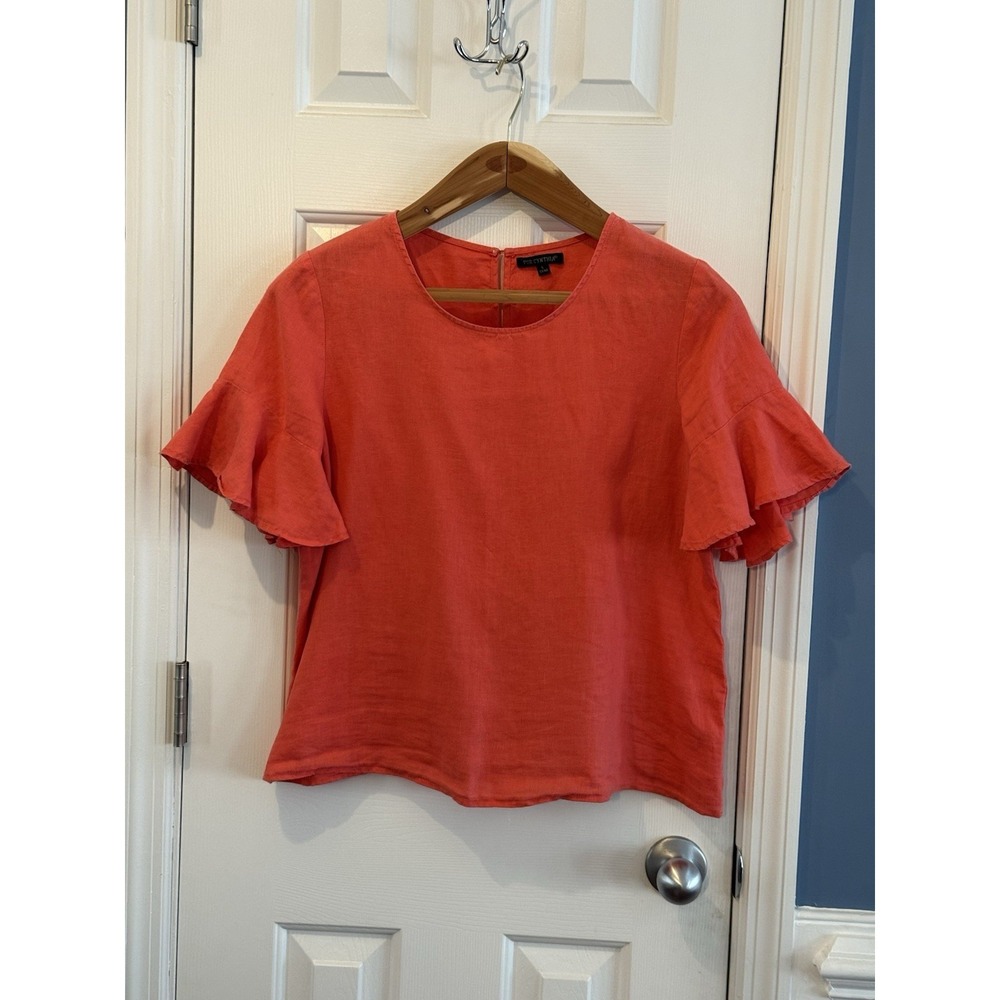 For Cynthia 100% Linen Shirt Ruffle Short Sleeve L Coral Boho Classic Feminine